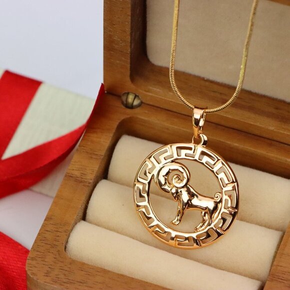 "Zodiac Ram Rose Gold Round Pendant in Geometric Border Design, XPPT1328 - Picture 4 of 13